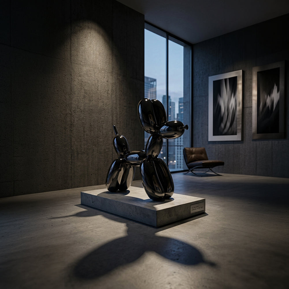 Shiny space grey fiberglass Balloon Dog sculpture by BEACON, modern artwork with smooth, reflective finish.