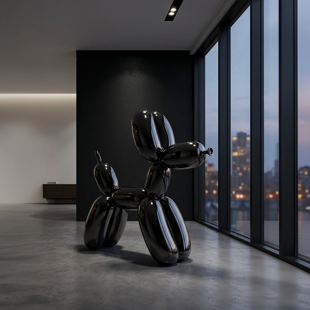 Shiny Space Grey Balloon Dog fiberglass sculpture by BEACON, modern artwork with smooth, reflective surface and playful form.
