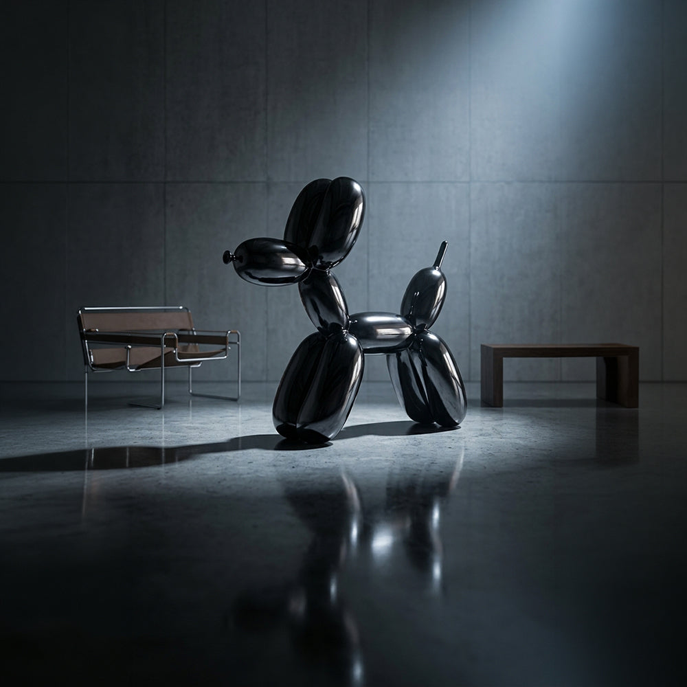 Shiny space grey fiberglass Balloon Dog sculpture by BEACON, modern artwork with smooth, reflective surface and playful design.