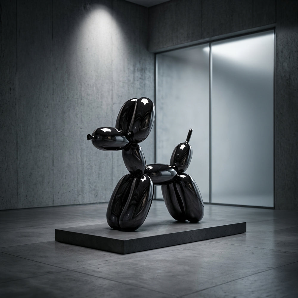 Shiny grey fiberglass Balloon Dog sculpture by BEACON, modern artwork with a sleek, reflective surface and playful balloon dog shape.
