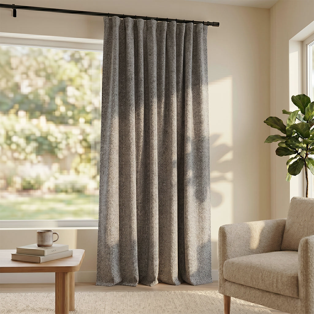 Beige bias polyester curtain fabric by BEACON, showing smooth texture and drape for curtains and drapes.