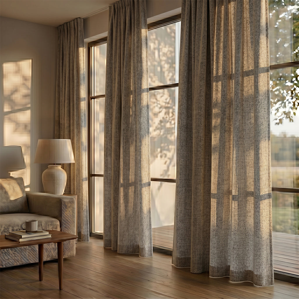 Beige bias polyester curtain fabric from BEACON, suitable for curtains and drapes, with a smooth woven texture.