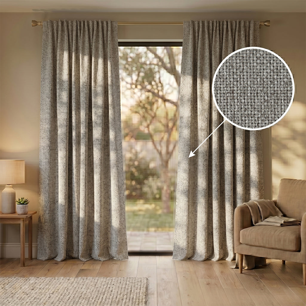 Bias polyester curtain fabric in beige with a subtle woven pattern, ideal for curtains and drapes by BEACON.