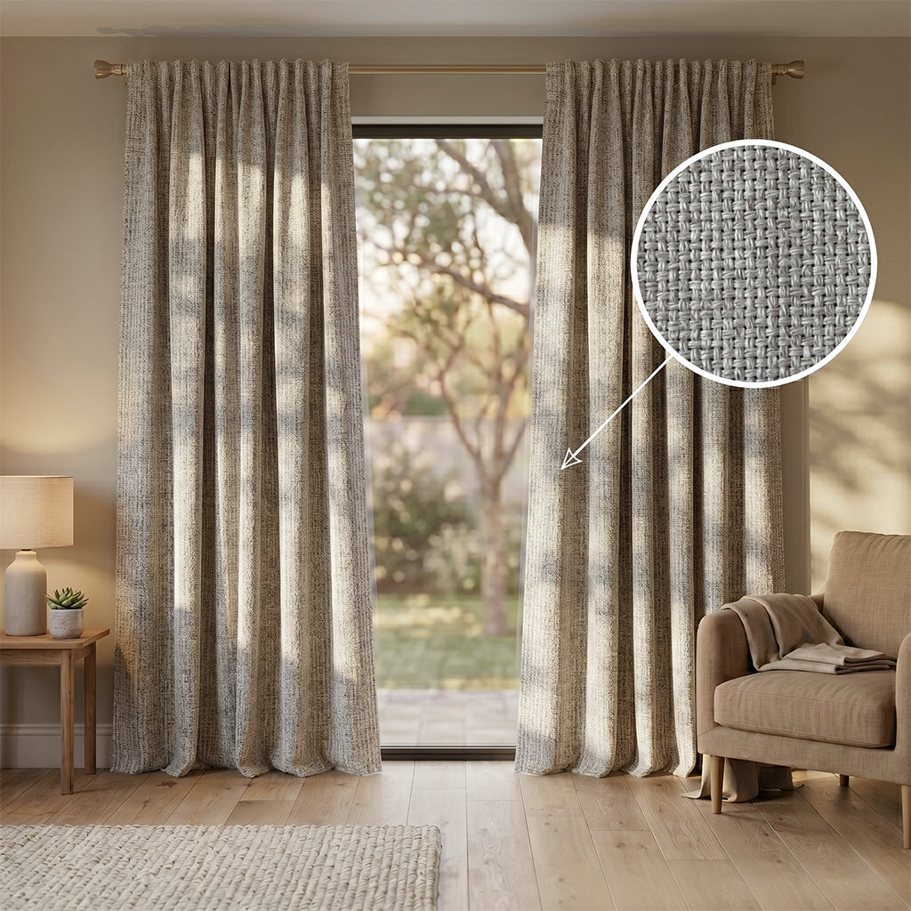 Bias polyester curtain fabric by BEACON, featuring a smooth, woven texture ideal for curtains and drapes.