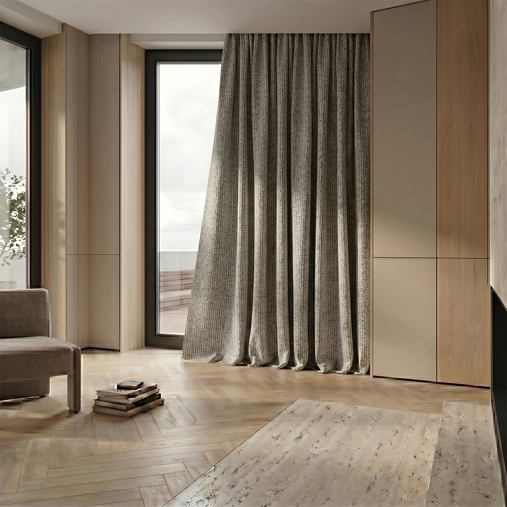 Close-up of bias polyester curtain fabric in beige, showing smooth texture and subtle sheen, from BEACON Curtains & Drapes collection.