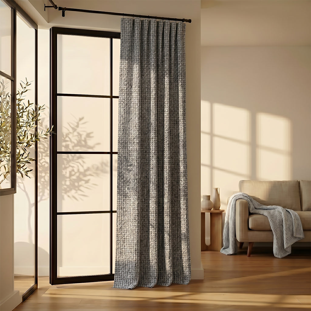 Beige bias polyester curtain fabric from BEACON, featuring smooth texture and elegant drape for curtains and window treatments.