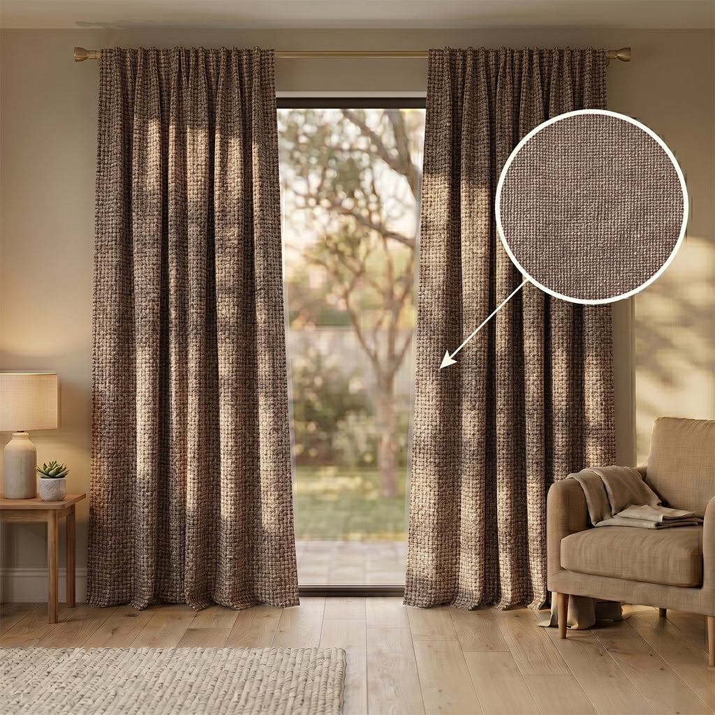 Beige bias polyester curtain fabric from Beacon with a subtle textured pattern, ideal for curtains and drapes.