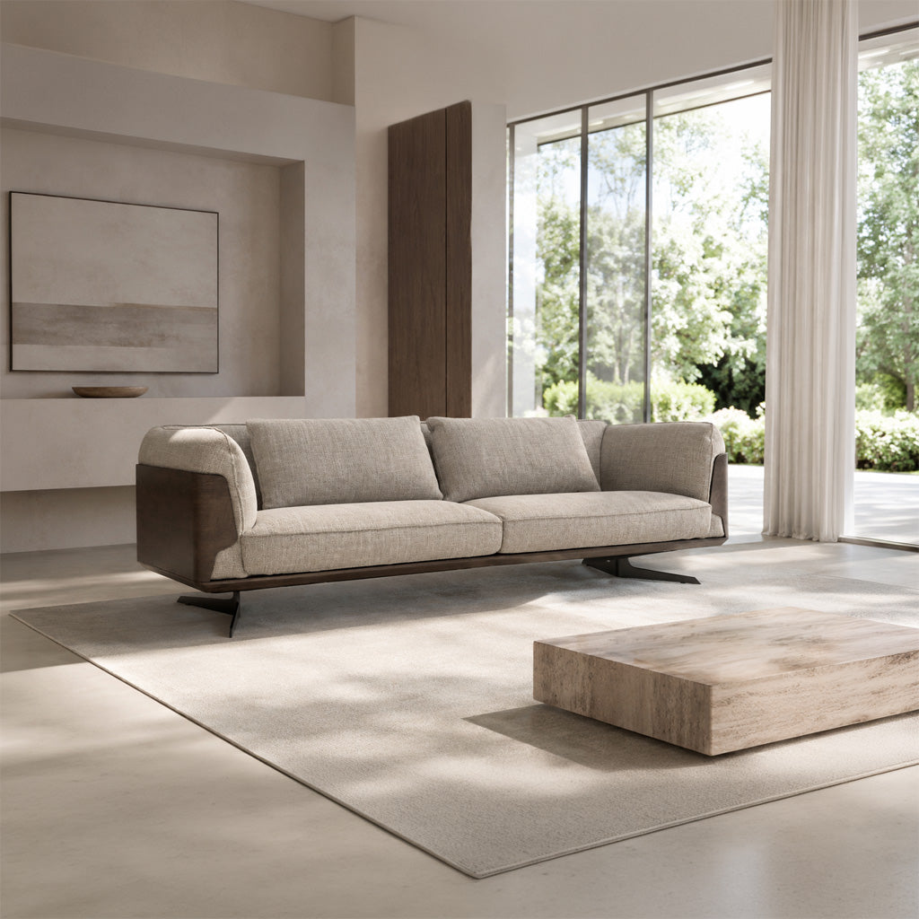 HOMAGE KOLTUK Brooklyn GAMMA sofa in beige fabric with plush cushions and modern design, shown from a side view.