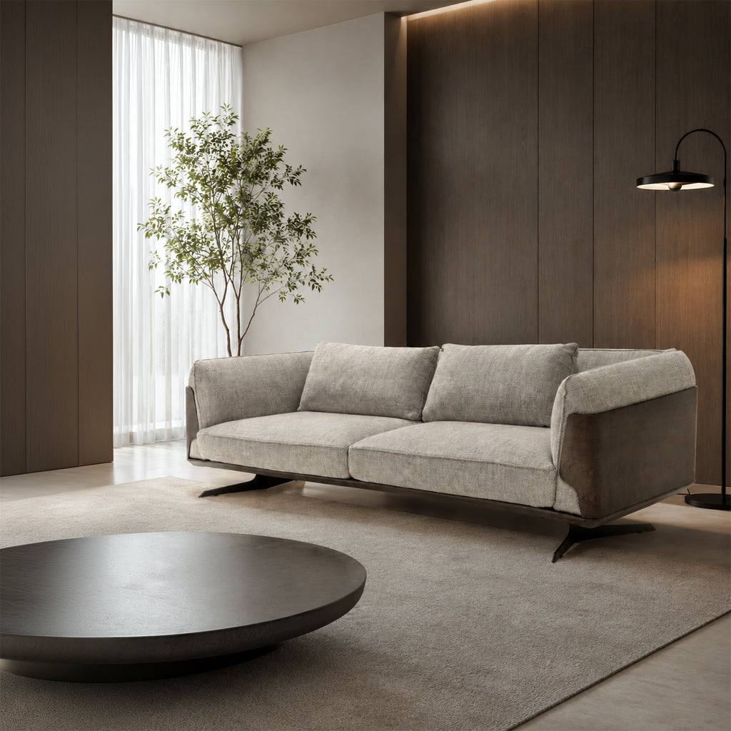 HOMAGE KOLTUK Brooklyn GAMMA sofa in beige fabric with modern design, plush cushions, and wooden legs.