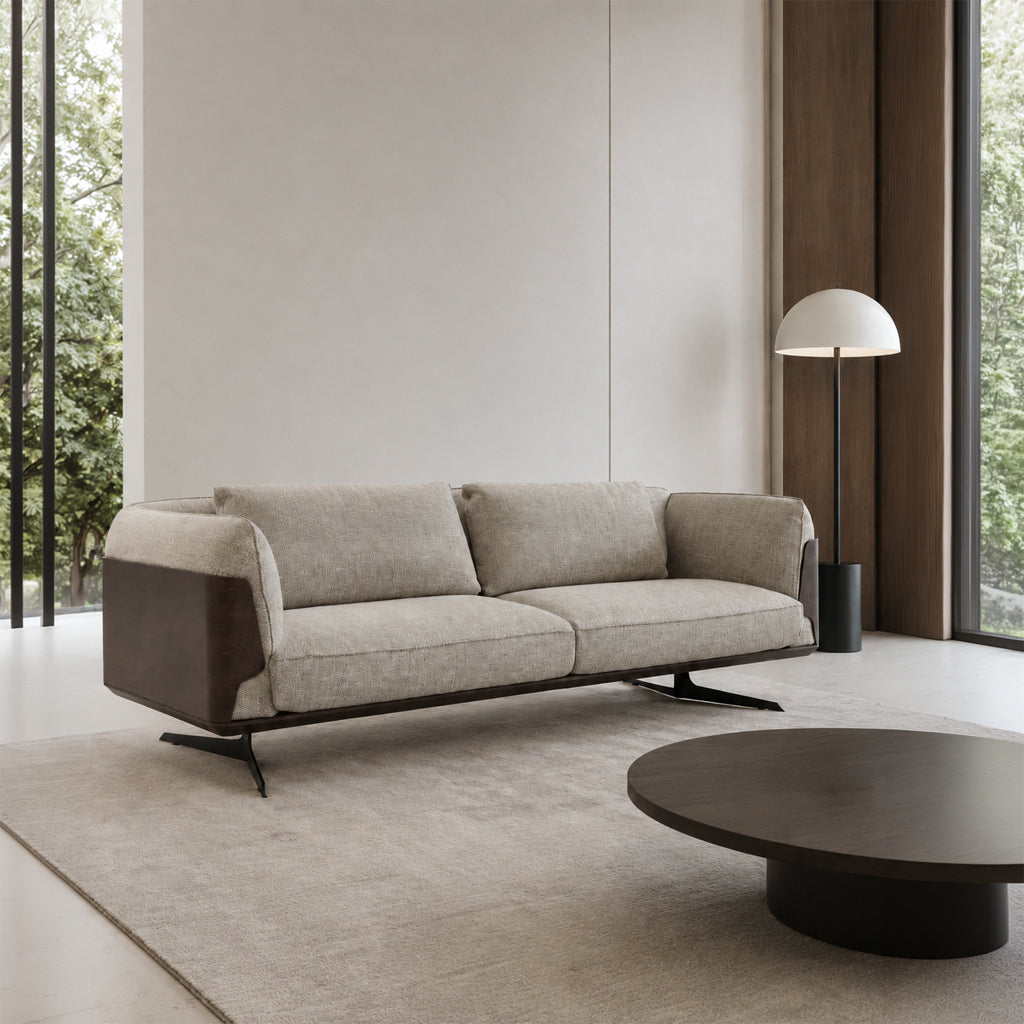 HOMAGE KOLTUK Brooklyn GAMMA sofa in beige fabric, modern design with plush cushions and wooden legs, perfect for living room decor.