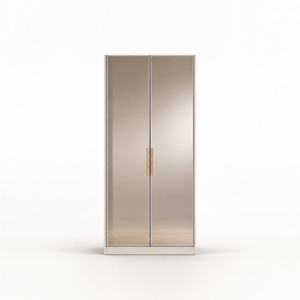 A modern two-door wardrobe or cabinet with brushed metallic rose gold doors and a slim vertical handle, shown on a clean white background.