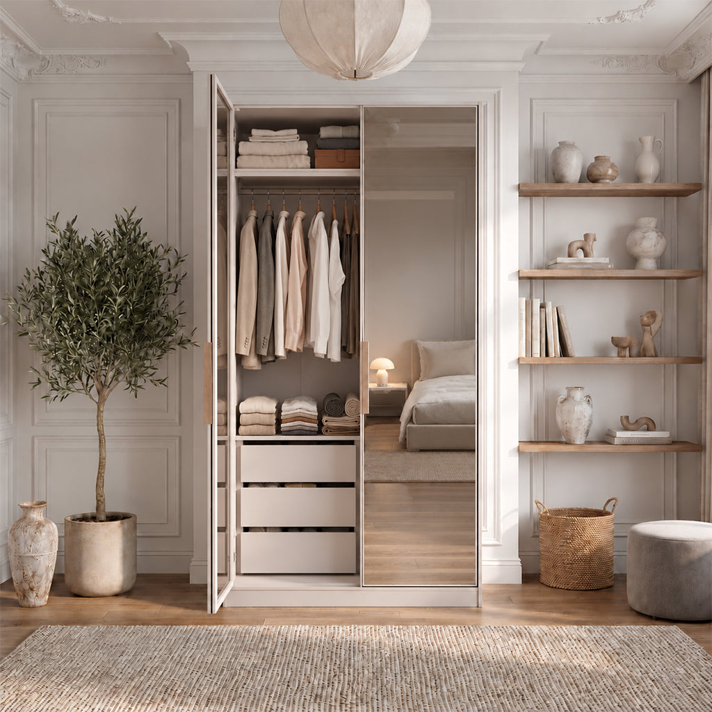 A tall built-in wardrobe with mirrored doors and open shelving, styled in a bright, neutral bedroom interior. The wardrobe is dressed with folded and hanging clothes, and the room includes a plant, shelves with decorative objects, a rug, and a bed visible in the mirror reflection.
