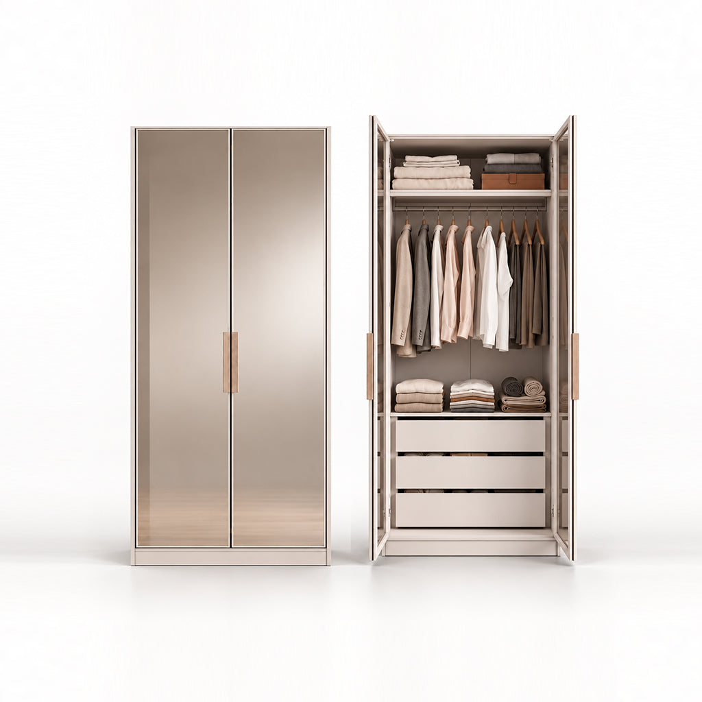 A modern two-door wardrobe shown closed on the left and open on the right, with hanging garments, folded linens, and drawers. The wardrobe has a warm champagne-gold finish with slim matching handles and is photographed on a clean white studio background.