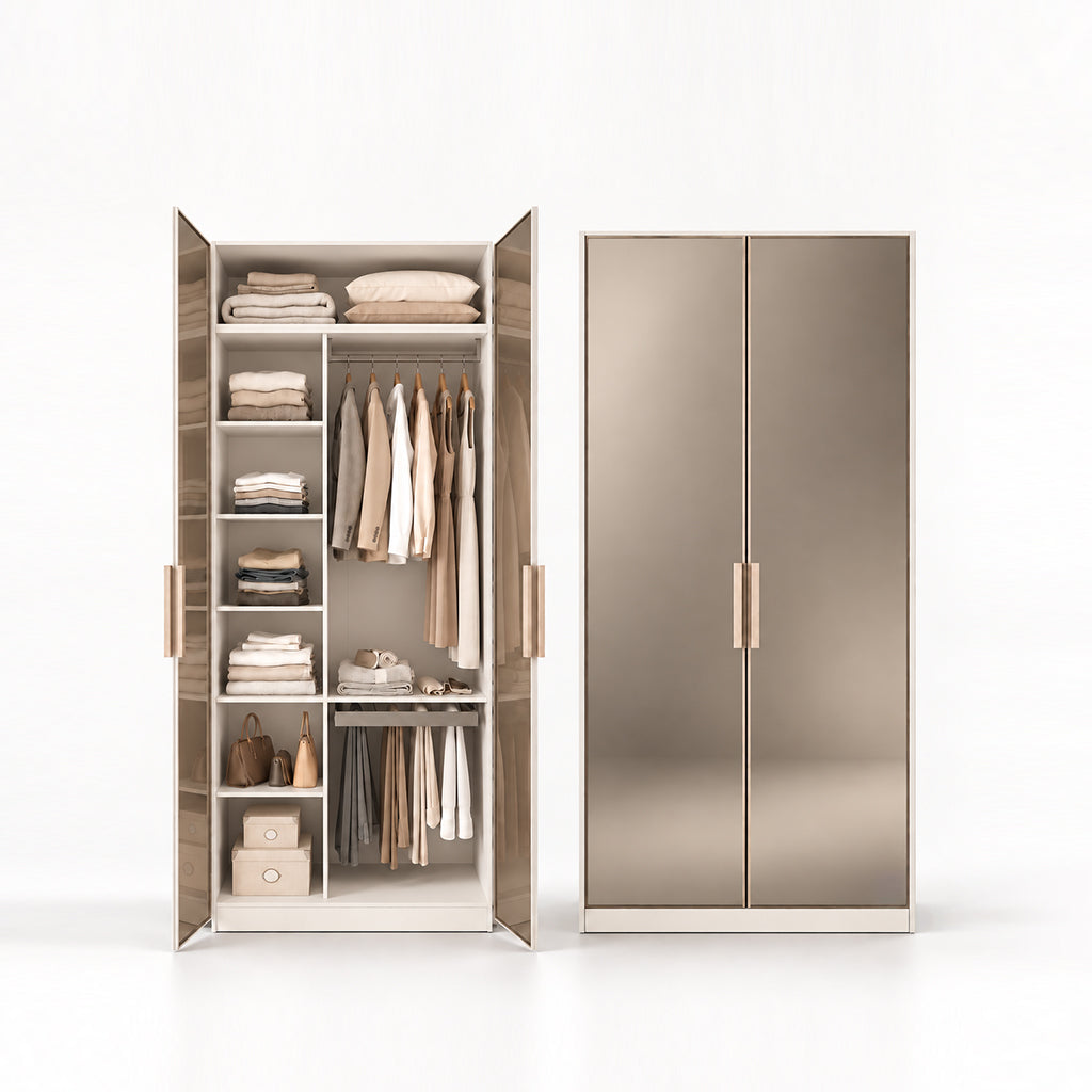 A modern wardrobe shown in two views: one open to reveal organized shelves, hanging rods, and folded clothing, and one closed showing two large metallic doors with slim vertical handles. The furniture has a warm taupe woodgrain finish with champagne-gold handles and a light beige base, set against a clean white studio background.