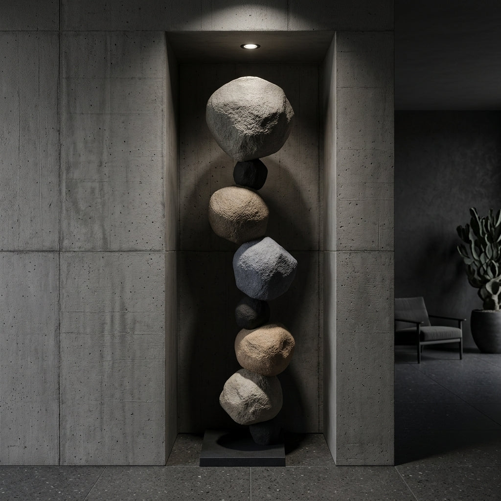 Feng shui cairn fiberglass sculpture by BEACON, featuring smooth, rounded stone-like shapes and a textured finish.