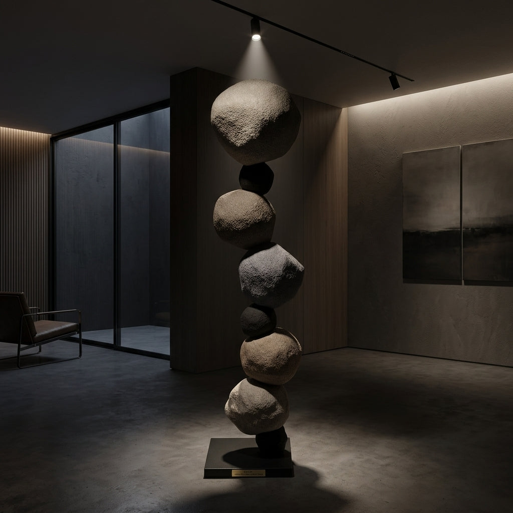 Fiberglass Cairn sculpture artwork by BEACON, featuring abstract, textured design in neutral tones.