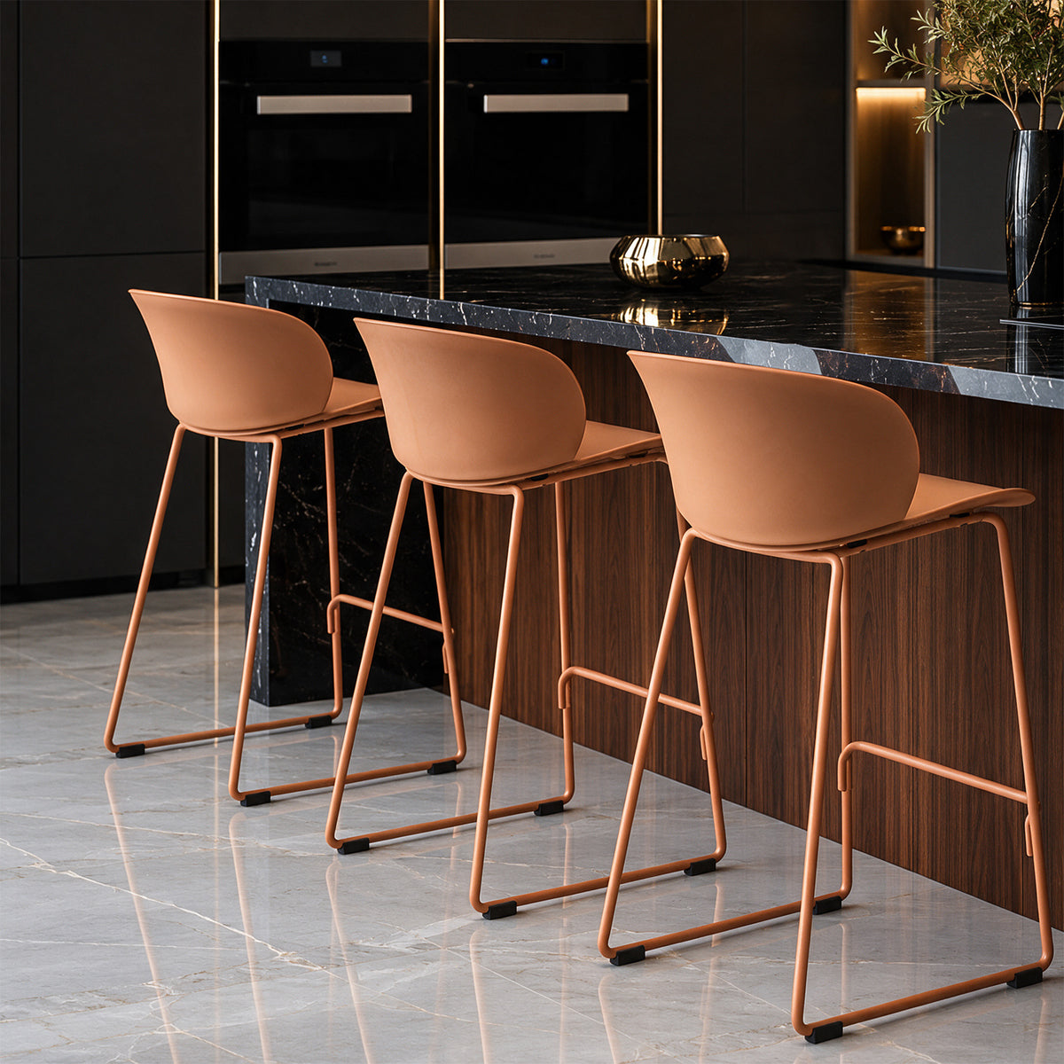 RUDI caramel bar stool PC-163H with a sleek design, featuring a cushioned seat and sturdy metal legs, perfect for modern kitchens.