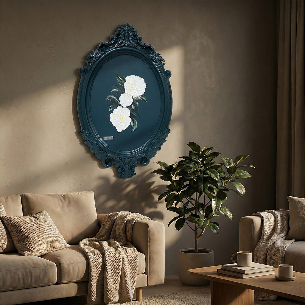 Handmade wall painting of a cartouche, 48x74cm art piece by BEACON, featuring intricate design and vibrant colors.