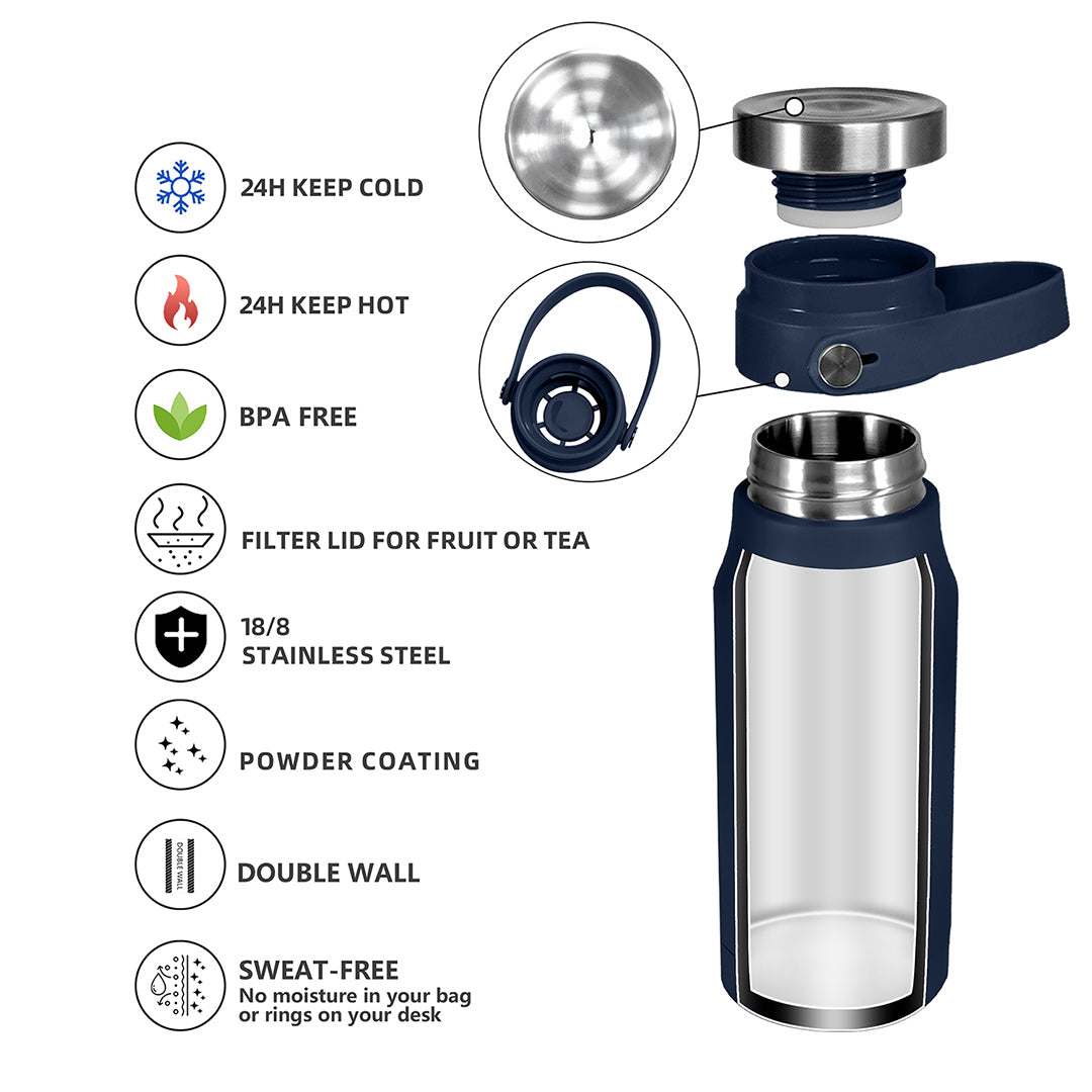 Navy blue 700ML Celadon drinkware bottle by BEACON, with a sleek cylindrical shape and secure lid.