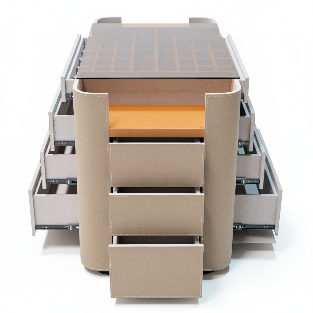 BEACON Valmont Center Island Dresser BNY-802 with sleek wood finish and multiple storage drawers.