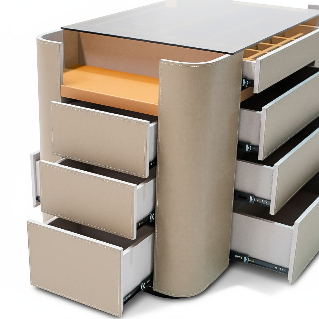 BEACON Valmont Center Island Dresser BNY-802 with sleek wood finish and spacious drawers, ideal for modern bedroom storage.