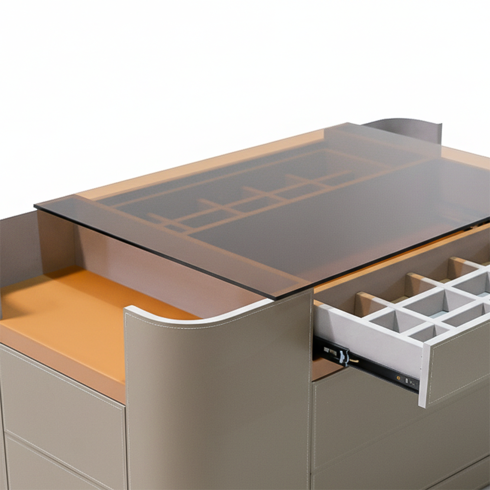 Valmont Center Island Dresser by BEACON, featuring a sleek modern design with multiple drawers and a smooth finish.