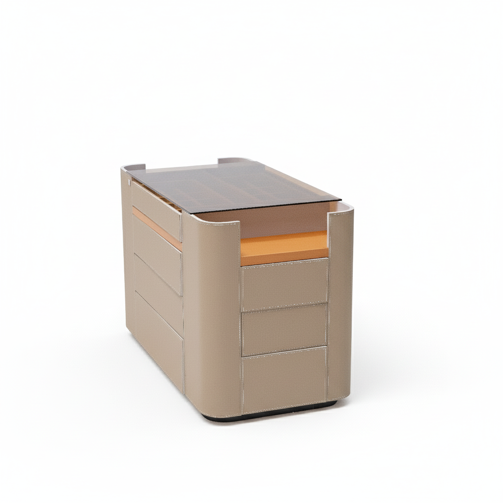 Valmont Center Island Dresser by BEACON featuring a sleek, modern design with multiple drawers for stylish storage.
