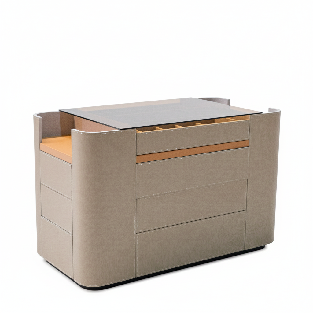 BEACON Valmont Center Island Dresser BNY-802 with sleek wood finish and modern design, featuring multiple drawers and spacious top.