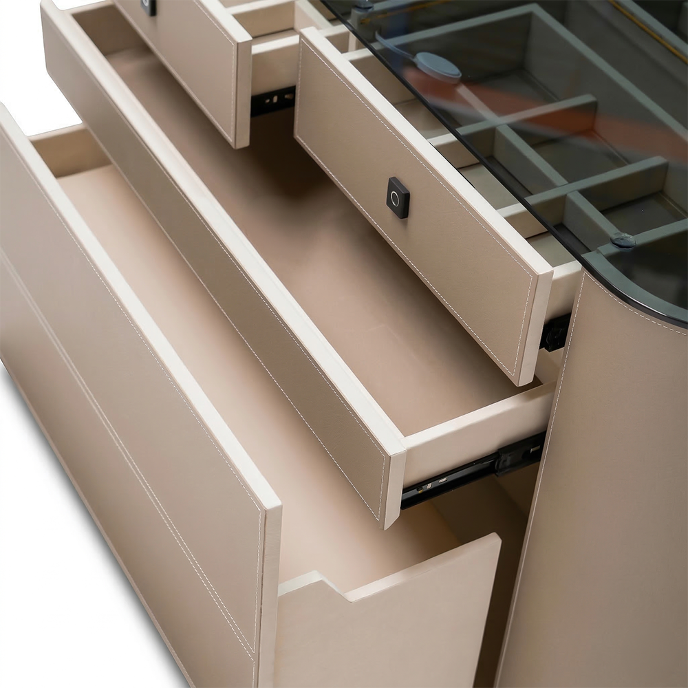 Valmont center island dresser with bench by BEACON, featuring sleek cabinet design and comfortable seating in a modern setting.