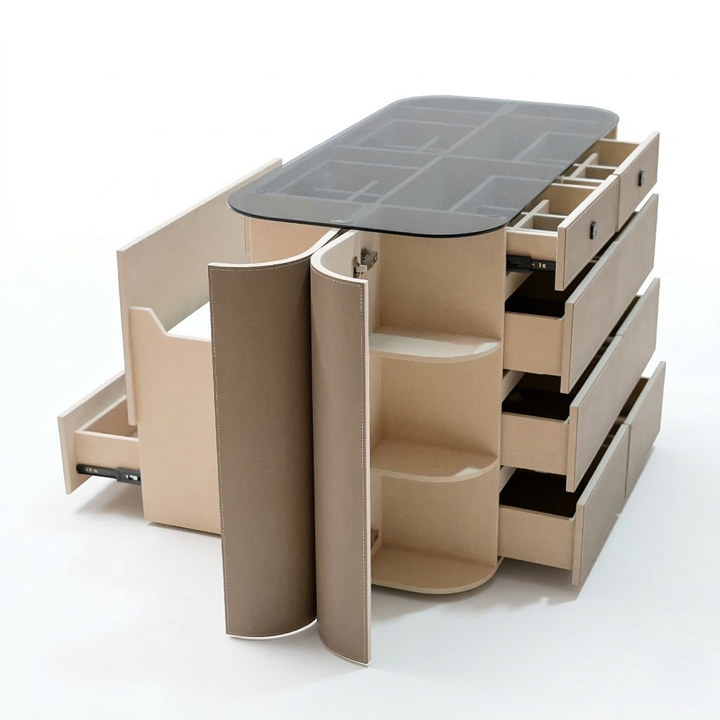 Valmont center island dresser with matching bench by Beacon, featuring wood cabinets and a spacious surface for storage and seating.