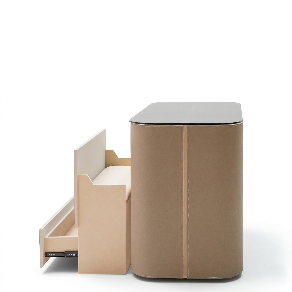 Valmont center island dresser with bench from BEACON, featuring sleek cabinets and a built-in seating area in a modern kitchen.