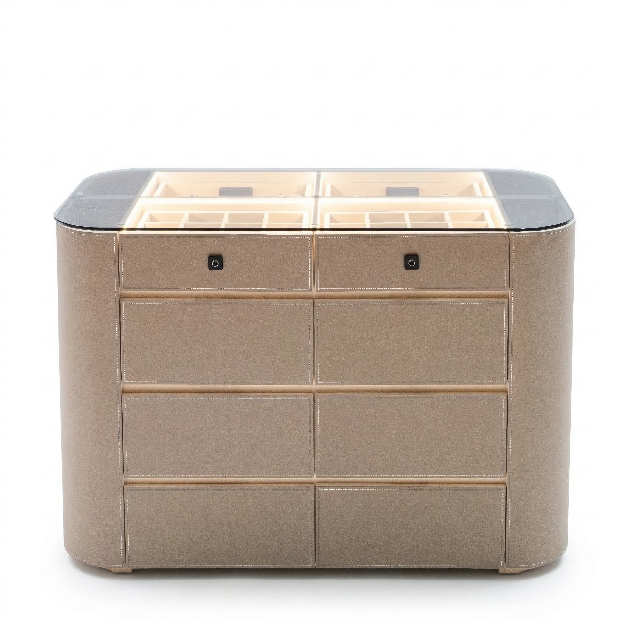 Valmont center island dresser with matching bench by BEACON, featuring sleek cabinets and a spacious seating area.