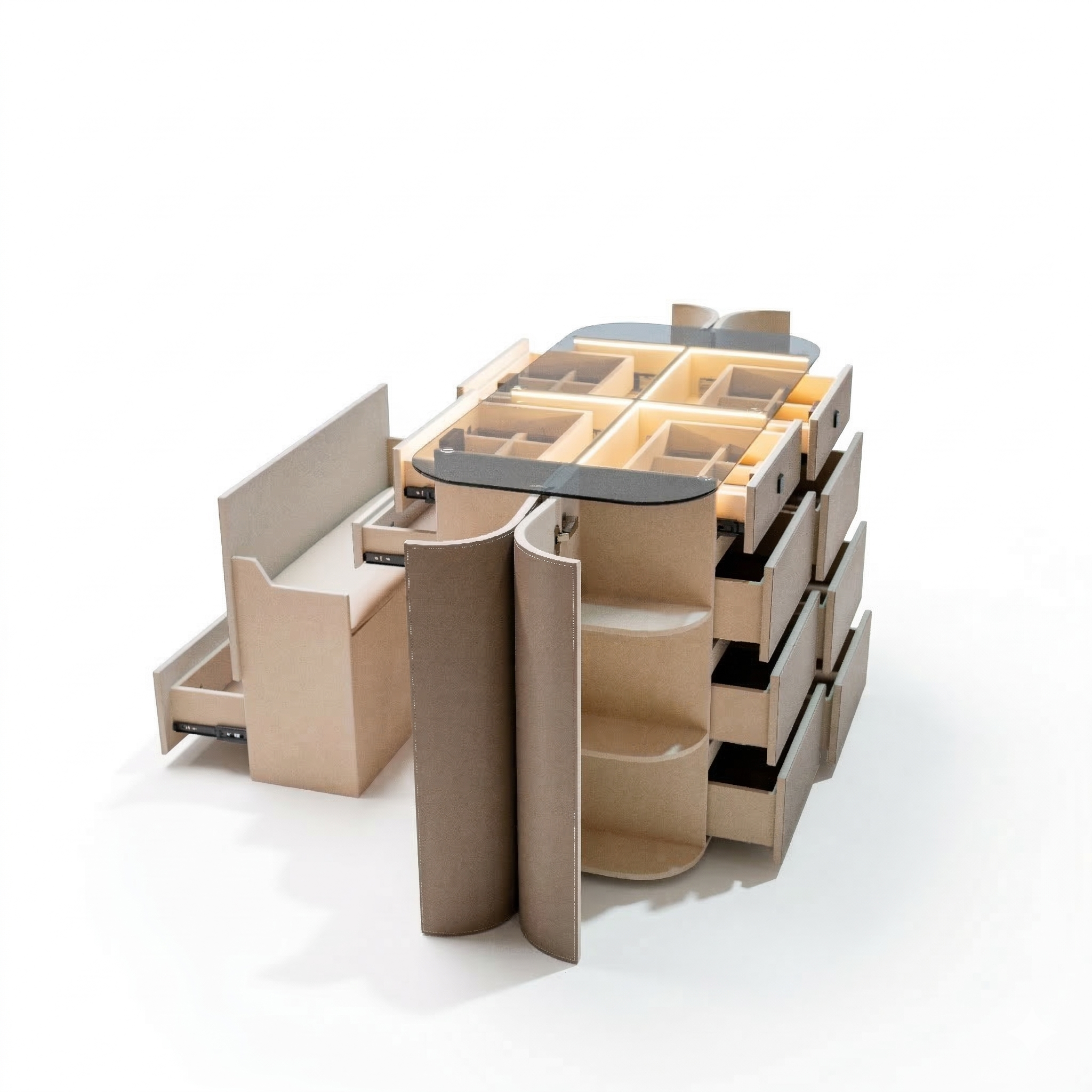 Valmont Center Island Dresser with Bench by BEACON, featuring a modern cabinet design and seating area in a stylish home setting.