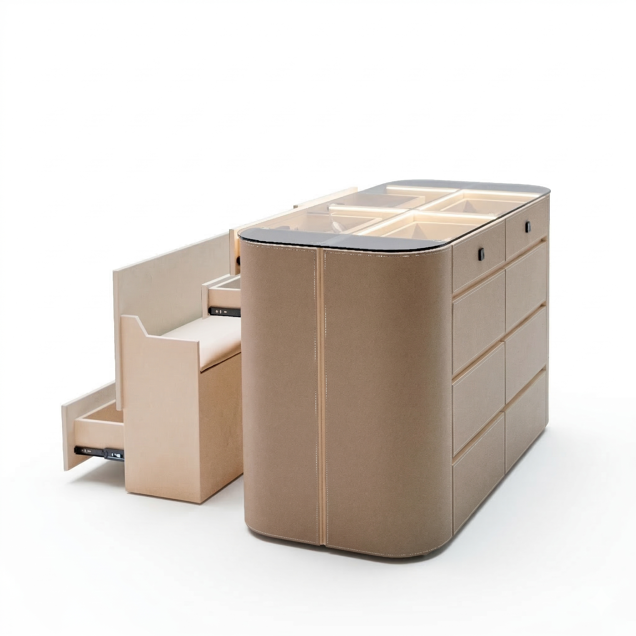 Valmont center island dresser with matching bench from BEACON, featuring a sleek wood finish and modern cabinet design.