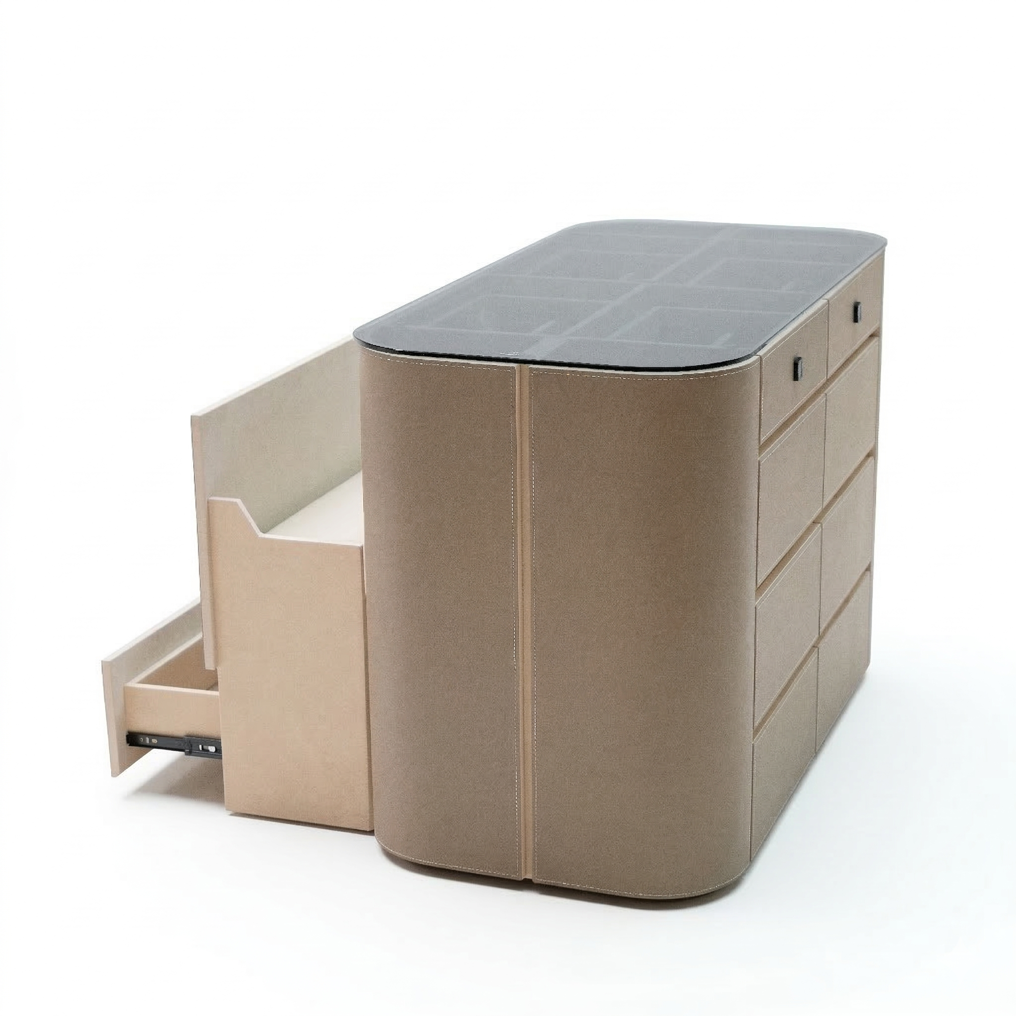 Valmont center island dresser with bench by BEACON, featuring sleek cabinets and a comfortable seating area in a modern design.