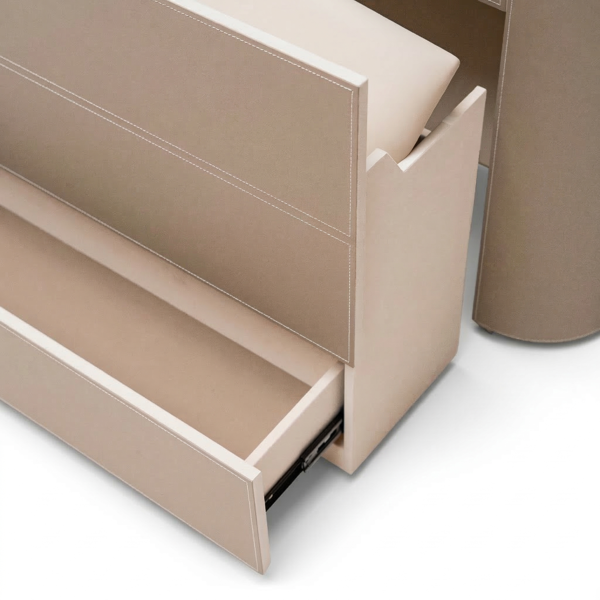 BEACON Valmont center island dresser with built-in bench, featuring sleek cabinet design and modern wood finish.