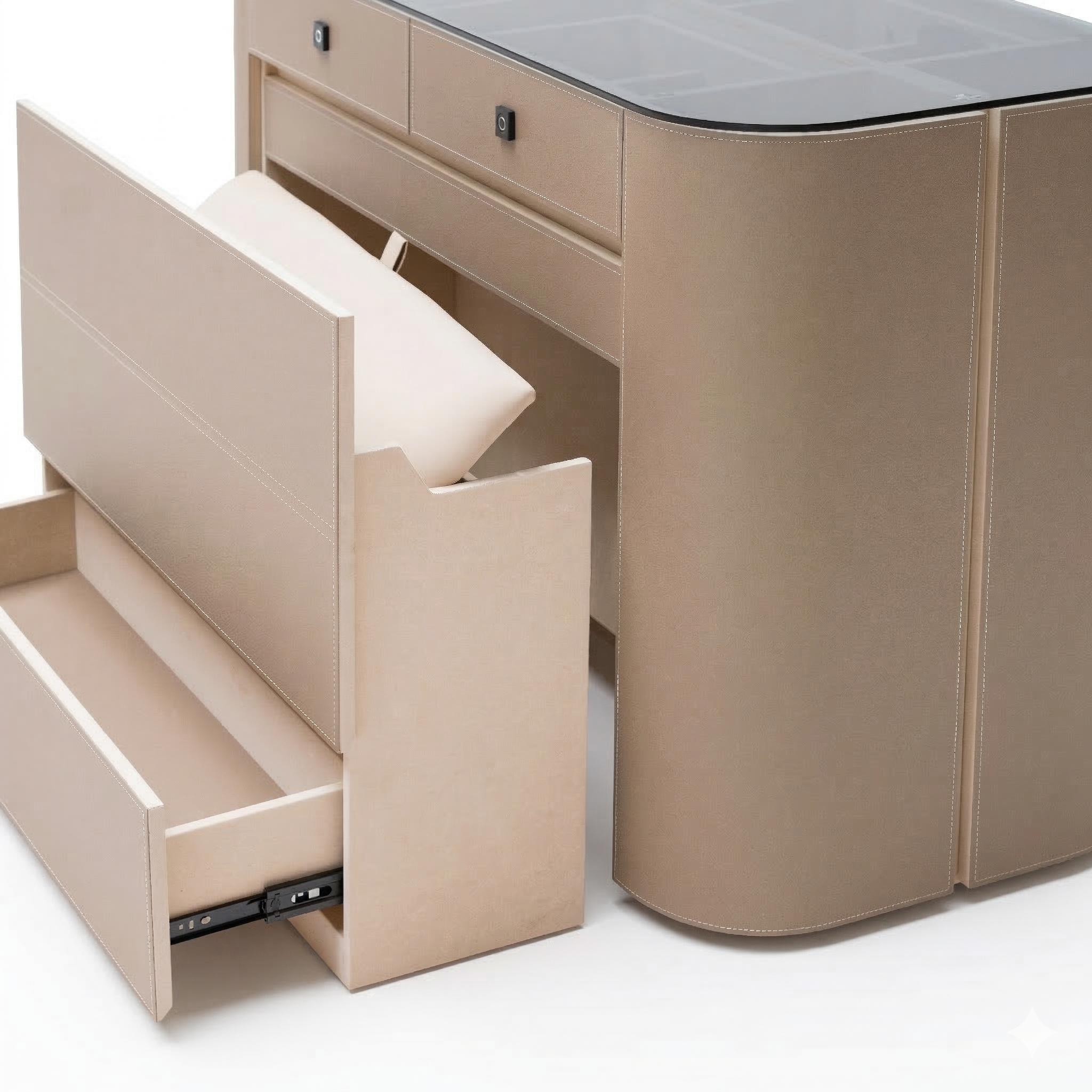 Valmont center island dresser with matching bench by BEACON, featuring sleek cabinet design and ample storage space.