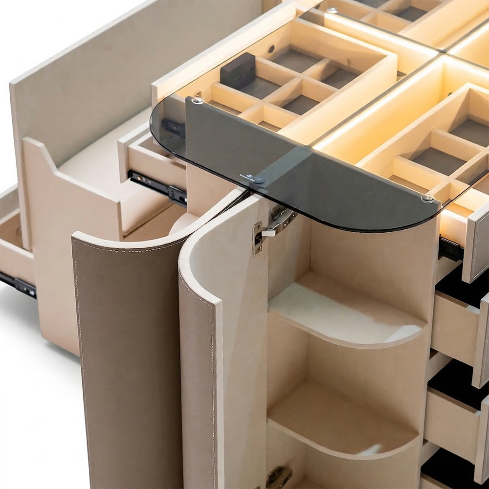 Valmont Center Island Dresser with Bench by BEACON, featuring sleek cabinets and a built-in bench for versatile storage and seating.