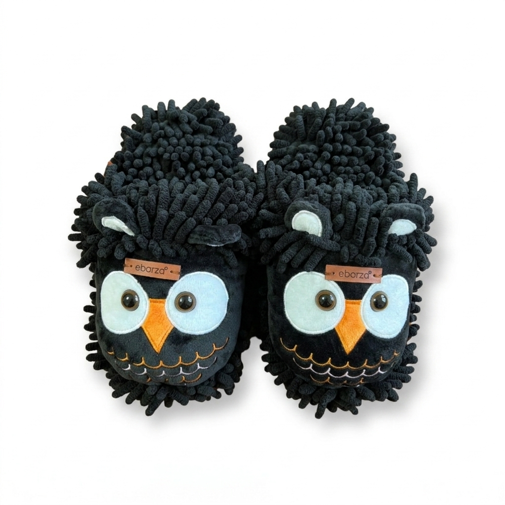 Children's black animal-themed slippers by Beacon, featuring soft fabric and playful animal design for kids' comfort and style.