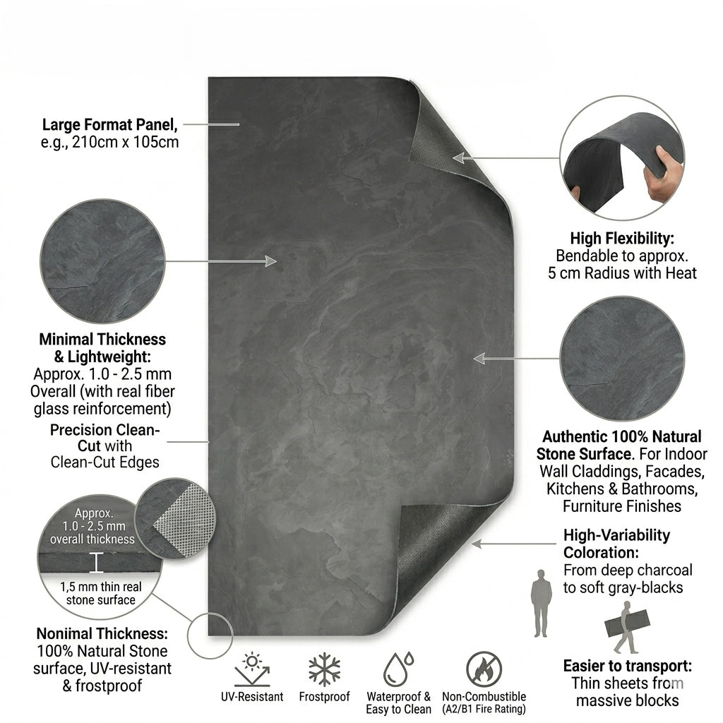 Black Conbon flexible stone veneer wall panel showcasing textured surface and thin, lightweight design for interior or exterior use.