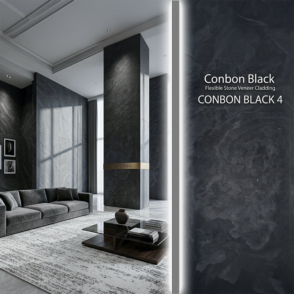 Black Conbon flexible stone veneer wall panel by ebarza, showing textured, lightweight cladding with a realistic stone appearance.