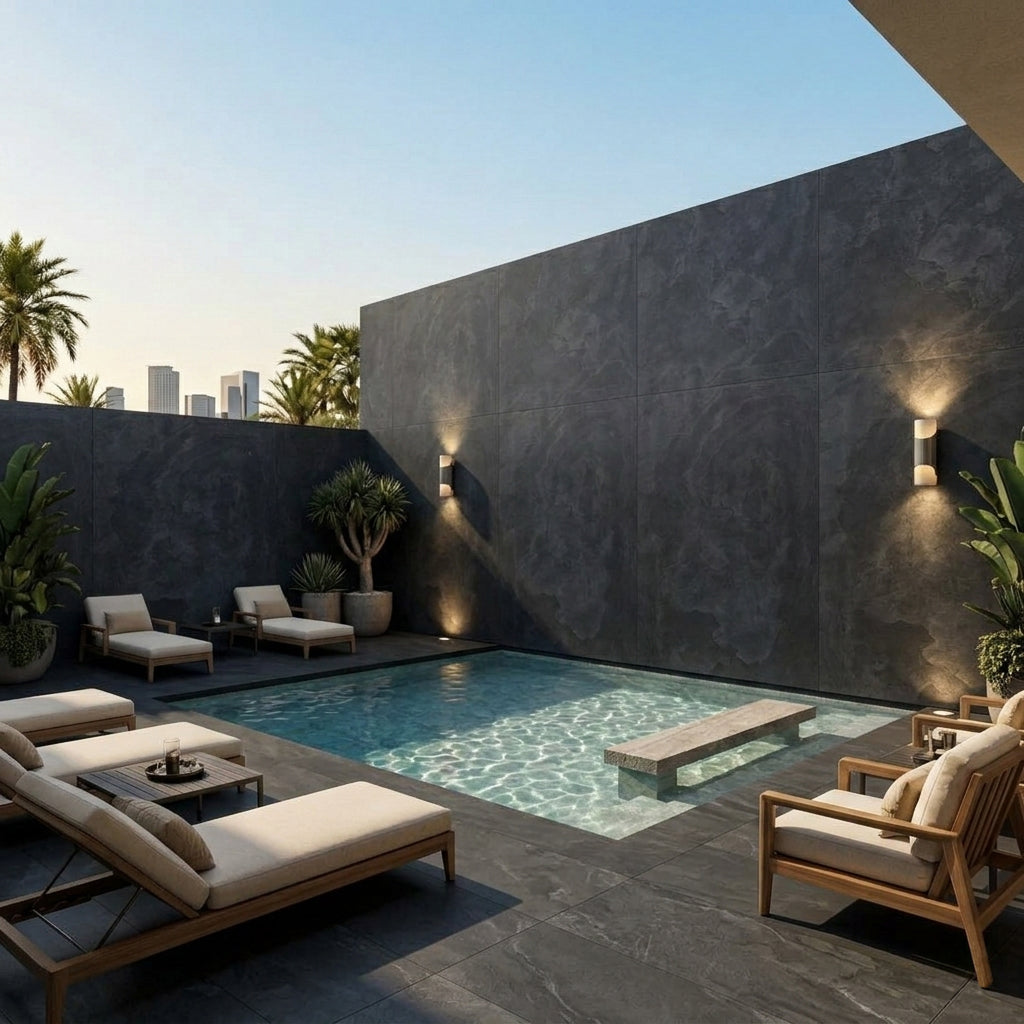 Black flexible stone veneer wall panel by ebarza, showing textured surface and slim profile for interior or exterior cladding.
