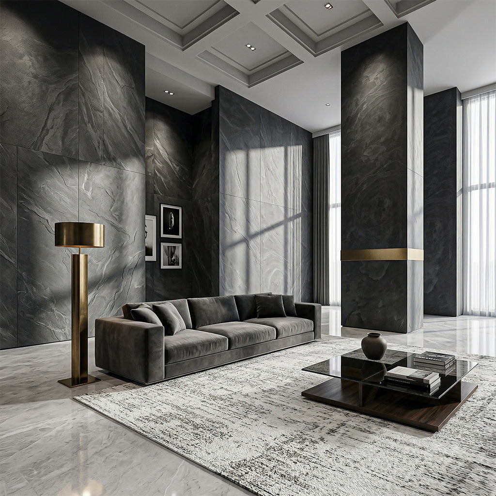 Black flexible stone veneer wall panels by ebarza, featuring textured, lightweight cladding with a natural stone appearance.