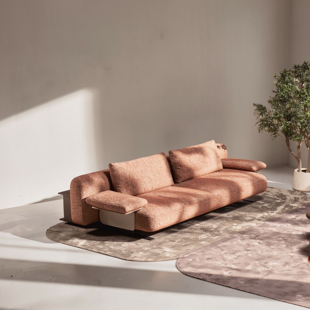Modern Edge caramel 3-seater sofa by HOMAGE KOLTUK featuring sleek design and plush cushions, shown in a contemporary living room setting.