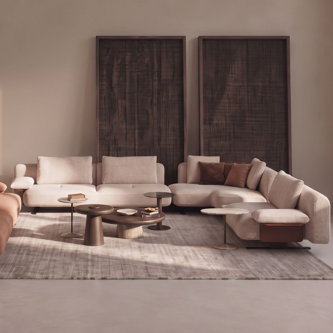 Edge corner sofa set with marble side table and A B C marble table, featuring HOMAGE KOLTUK brand design and modern upholstery.