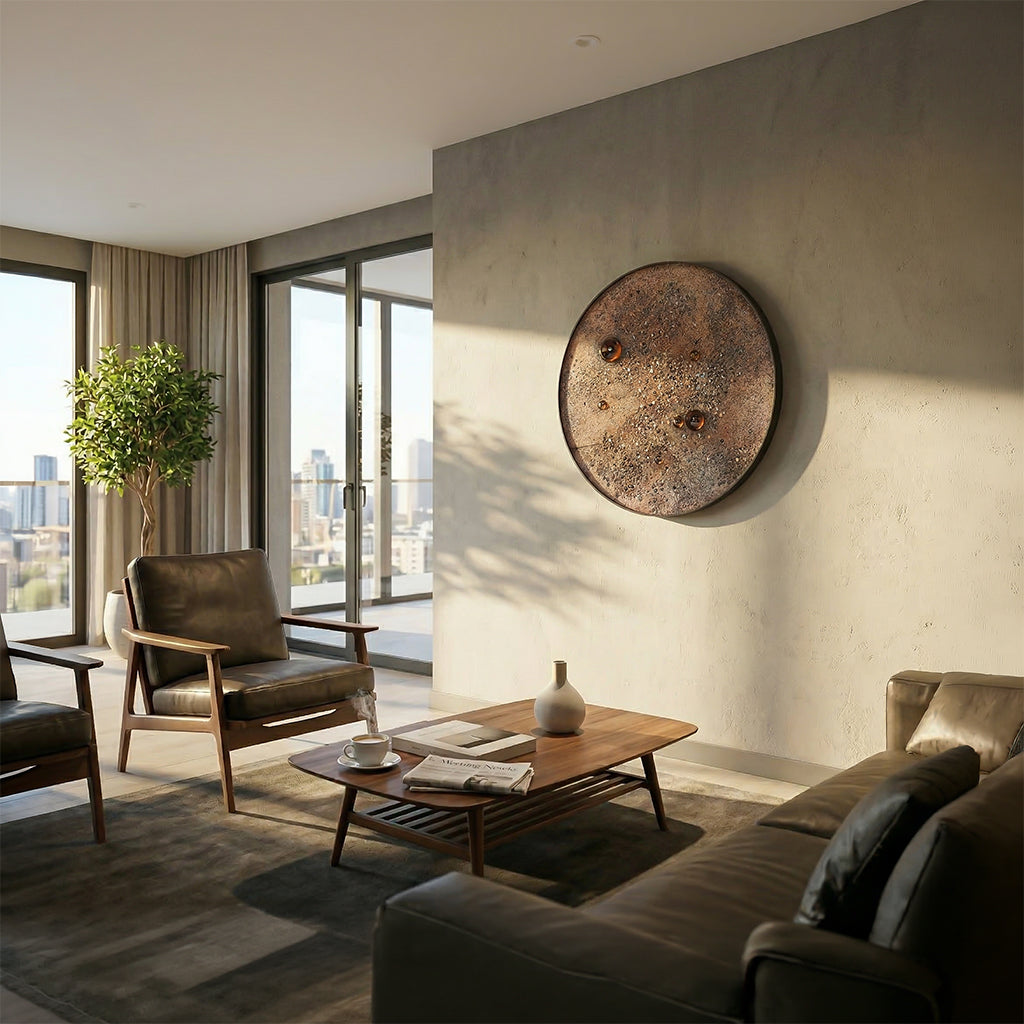 Handmade Nebula wall art with integrated lighting, 100 cm diameter, by BEACON, featuring vibrant cosmic paint design.