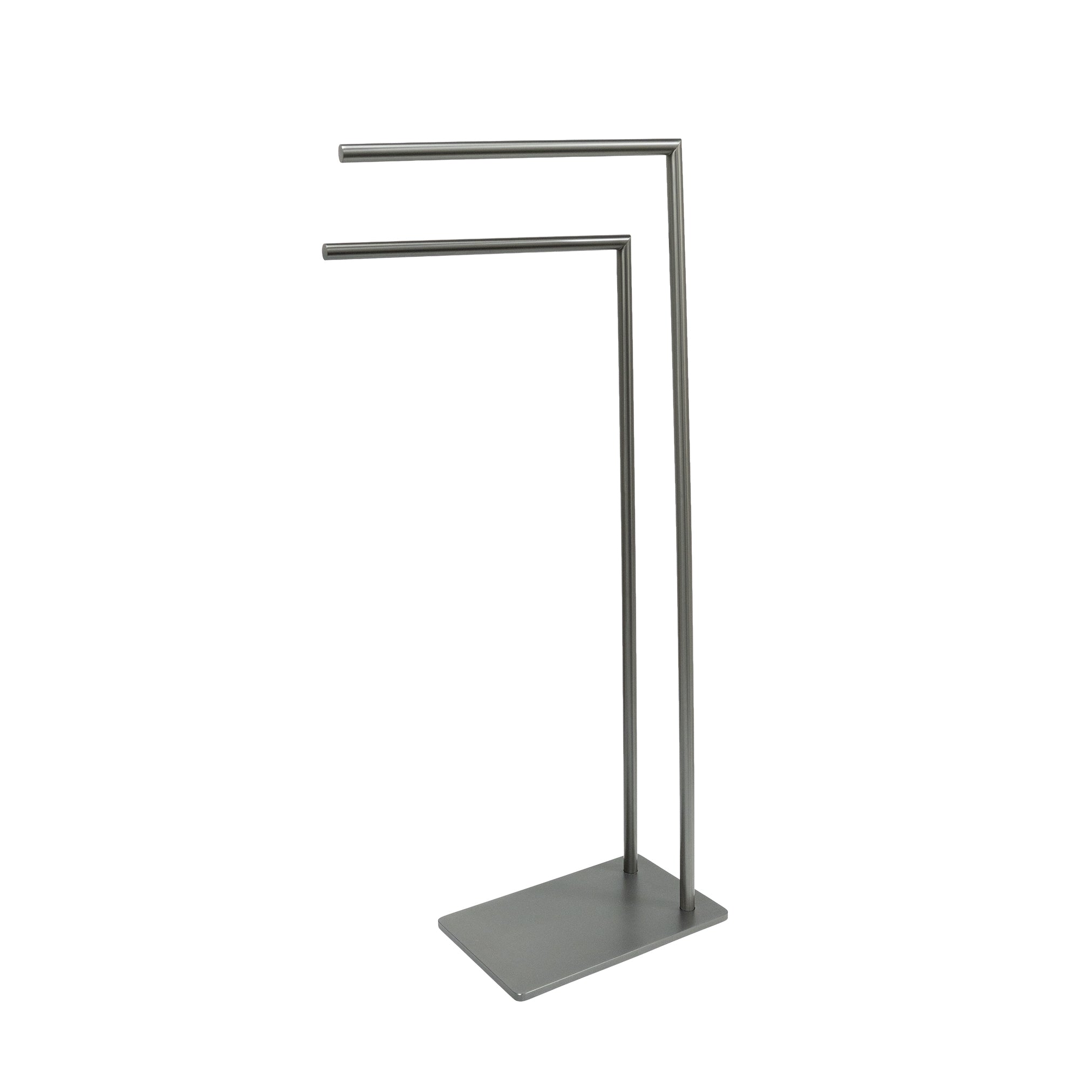 BEACON L-Vertex gunmetal floor towel rack with multiple hooks, ideal for bathroom organization and towel hanging.