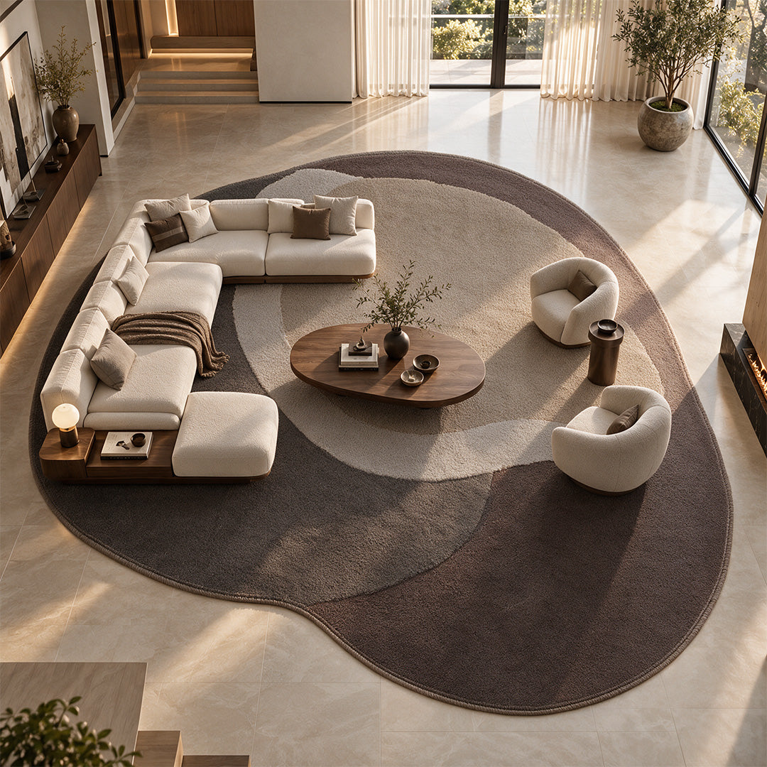 Handmade round rug in warm brown tones, 575x470 cm from COOL HALI DUNE-01 collection with intricate patterns and soft texture.