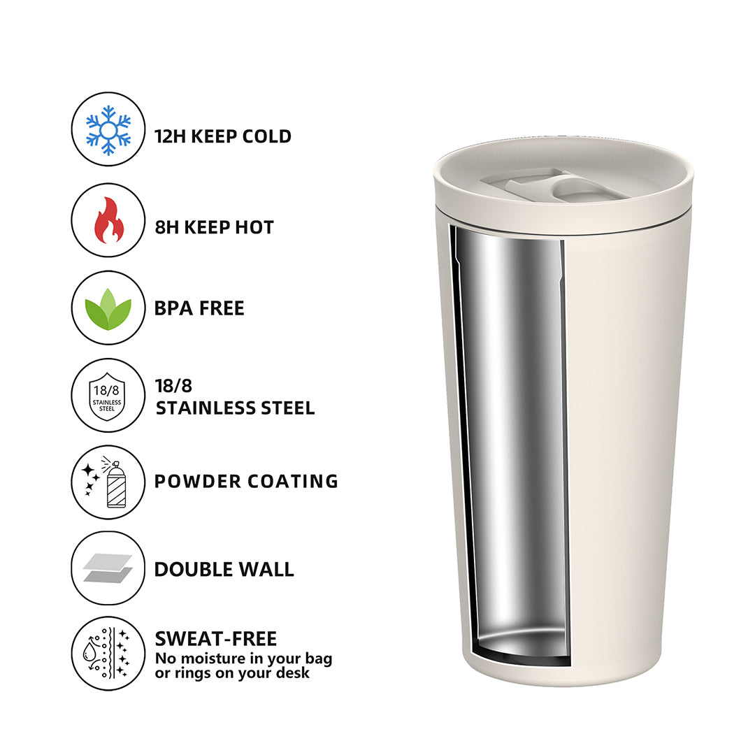 Beige Dasha 500ml travel mug by BEACON with a sleek design, suitable for hot and cold beverages, close-up view.