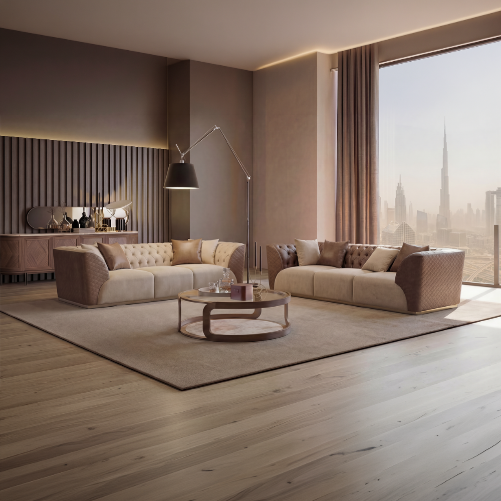 Delfina brown and beige 3-seater sofa by LODA FURNITURE, stylish dark brown fabric with comfortable seating and modern design.